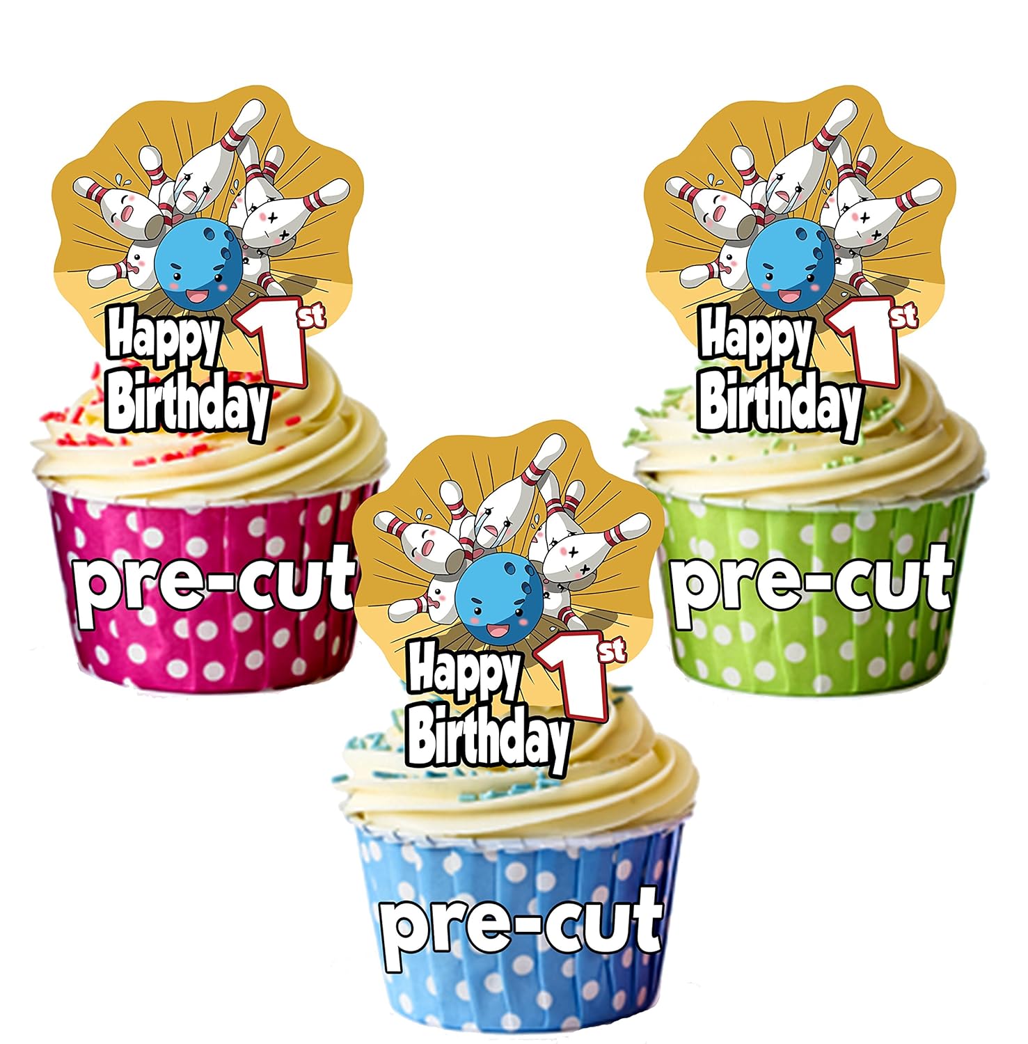 Precut Pen Pin Bowling 1st Birthday Edible Cupcake Toppers
