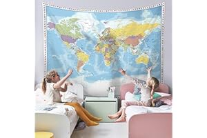 LC CREATIVE Large World Map Tapestry - Wall Hanging With Country Flags for Kids' Room, Classroom Decor - 60x80 In