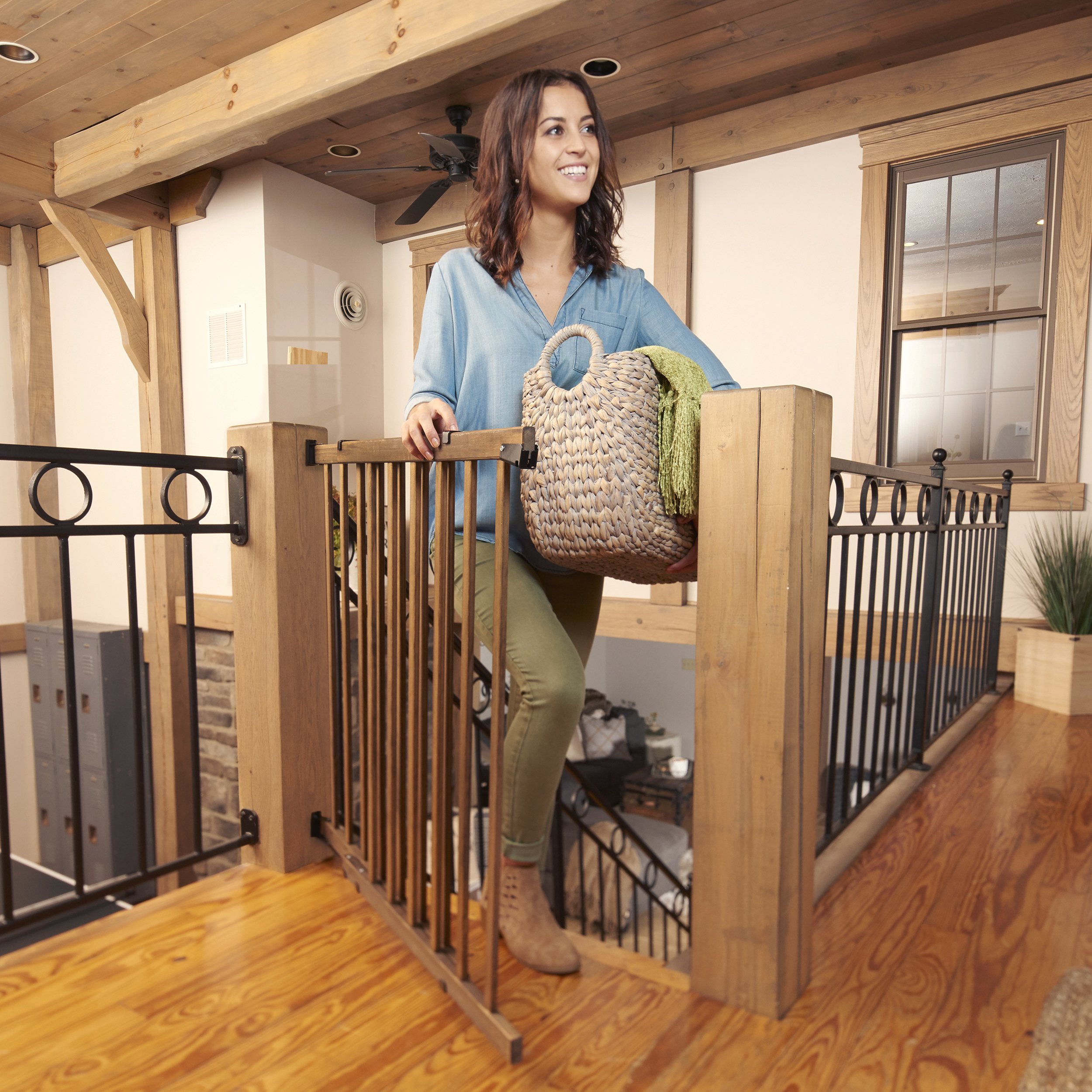 (bid on three baby gates)Top of The Stair Extra Tall Hardware Mount Gate, Dark Wood