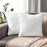 PAVILIA Fluffy White Throw Pillow Covers, Decorative Accent Pillow Cases for Bed Sofa Couch, Soft Faux Fur Cushion Cover, Square Sherpa Pillowcases, Home Room Decor, White, 20x20 Set of 2