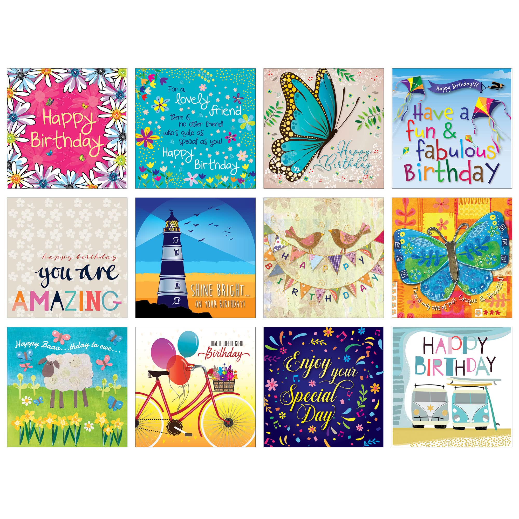 Eco-friendly Birthday cards, 100% recycled, recyclable and biodegradable, 12 in this birthday card pack. Printed with vegetable inks and green energy, by Just Cards Direct (Pack 2)