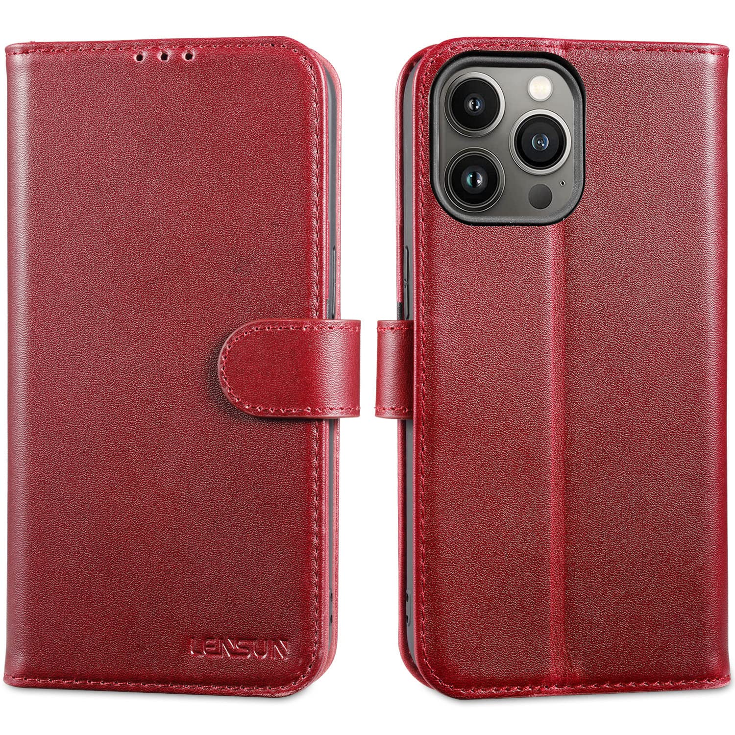 LENSUN Wallet Case for iPhone 13 Pro, Genuine Leather Flip Phone Cover [RFID Blocking] with Card Holder and Magnetic Closure Compatible with Apple iPhone 13 Pro - Wine Red