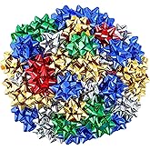 PIEMEET 75 Pcs Christmas Gift Bows, 3 Inches Metallic Christmas Bows, Self Adhesive Gift Bow for Wrapping, Gifts Wrapping Bow for Holiday Birthday Party Favor Decorating Presents(5 Colors)