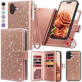 Varikke for iPhone 16 Wallet Case Detachable with RFID Blocking Card Holder for Women, Glitter PU Leather Wrist Strap Strong Magnetic Flip Wallet Removable Phone Case for iPhone 16 6.1", Rose Gold