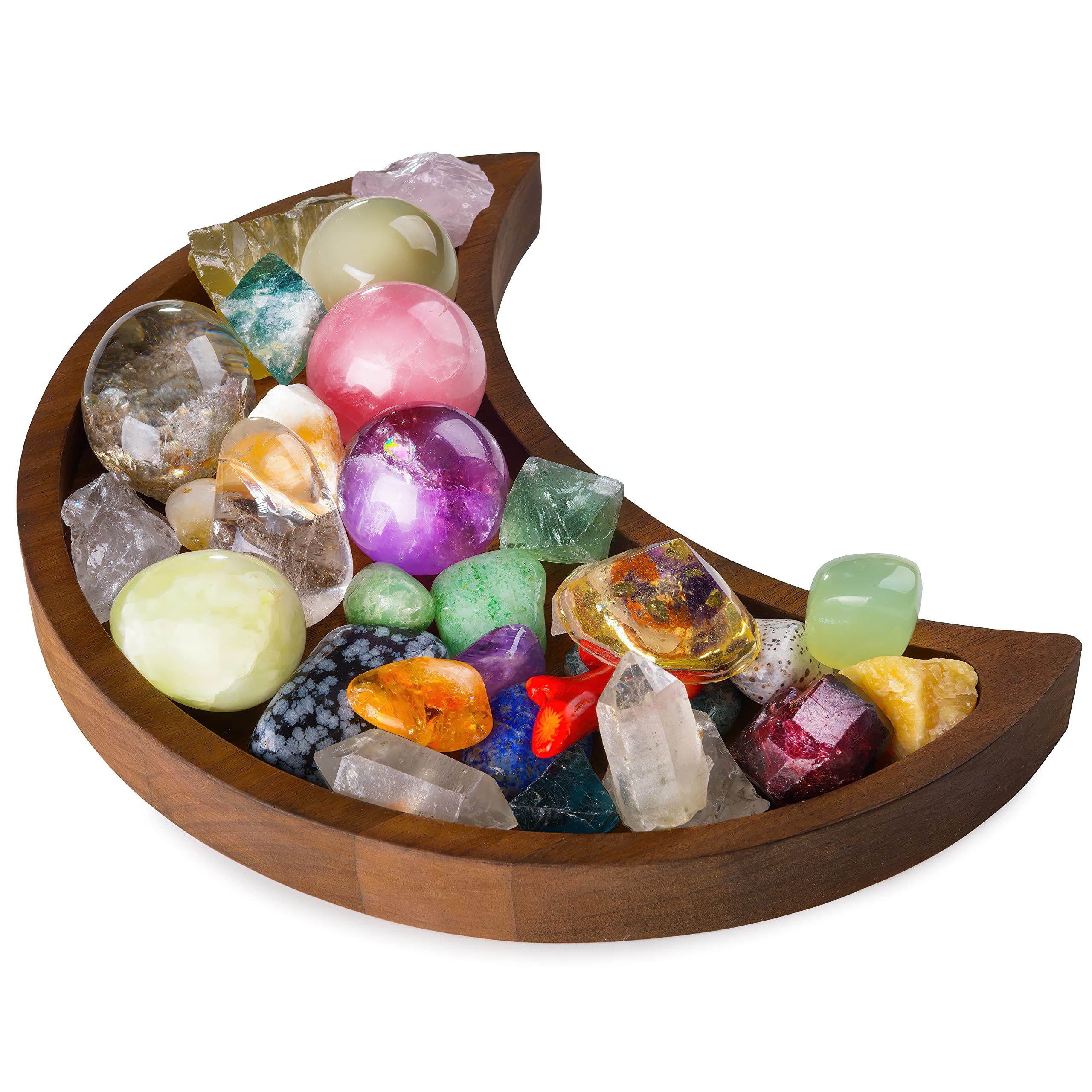 Curawood Crescent Moon Tray - Showcase Your Gems, Healing Stones - 25.4 x 12.7 cm Wooden Crystal Display Tray, Crystal Holder for Stones Display Shelf, Gemstone Rock Holder Charging Bowl, Walnut, L