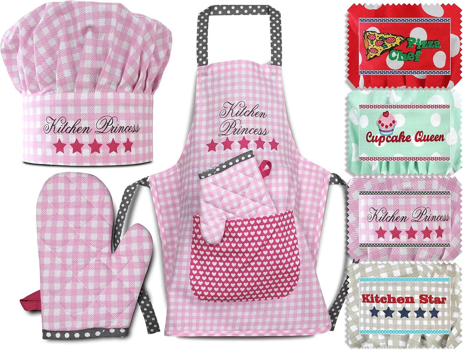 Emily´s Check Kochmütze + Küchenschürze + Topfhandschuh für Kinder - 3teiliges Set 1428.2002, Kitchen Princess, Small [3-6 Jahre]