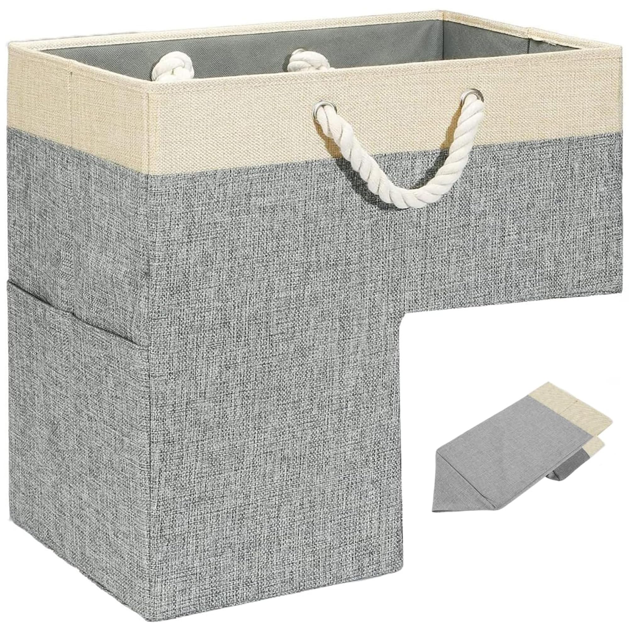 Photo 1 of HomeHarborr Foldable Stair Baskets, Smart Stair Step Storage Organizer (Grey) with White Handles for Carpeted and Wooden Stairs - [16" L x 9.8" W x 16" H]