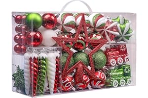 Valery Madelyn Christmas Ornaments Set, 100ct Red Green White Shatterproof Christmas Tree Decorations Variety Ball Ornaments Bulk, Whimsical Hanging Ornaments for Xmas Trees Holiday Party Decor