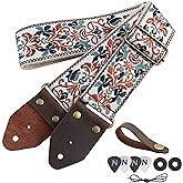 Nefelibata Guitar Strap,Jacquard Embroidery Cotton Guitar Straps with Crazy Horse Leather Ends for Bass, Electric &amp; Acoustic, Best Gifts for Kids, Guitarists(Golden Jacquard)