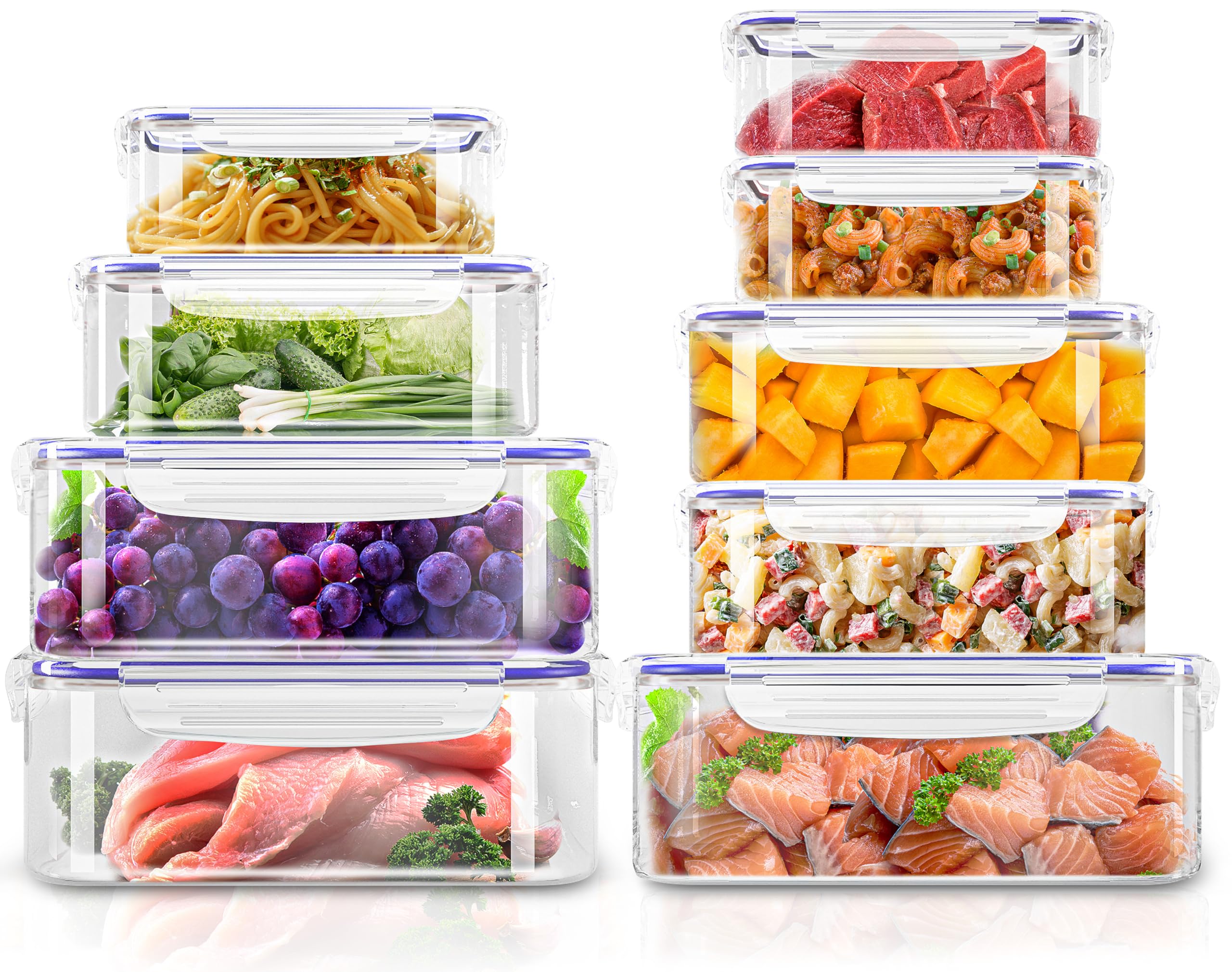 KICHLY Airtight Plastic Food Containers with Lids, 18 piece, BPA-Free, Leakproof Food Storage lunch box, Stackable Meal Prep Set for Kitchen & Pantry Storage Organization, Blue (9 Containers, 9 Lids)
