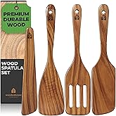 Wooden Spatula for Cooking, Teak Spatulas for Kitchen Use - Wooden Cooking Utensils Set of 4 including Paddle, Turner, Slotted Spurtle and Wood Scraper. Nonstick cookware.
