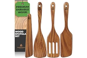 Wooden Spatula for Cooking, Kitchen Spatula Set of 4, Natural Teak Kitchen Utensils Including Paddle, Turner, Slotted Spurtle