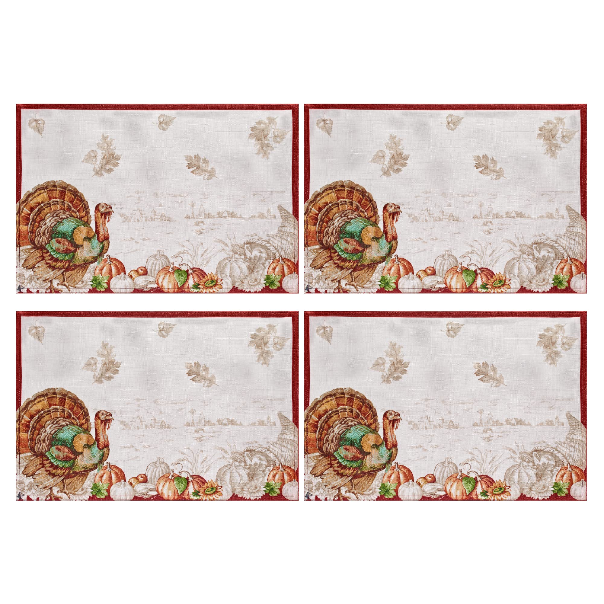 Elrene Home Fashions Holiday Turkey Bordered Fall Placemats, Seasonal Dining Placemats, 13" W x 19" L, Set of 4
