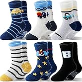 MOGGEI Kids Boys Toddlers Fuzzy Slipper Grips Socks Non Slip Warm Winter Fluffy Cozy Thick Fun Crew Gripper Socks 6 Pairs