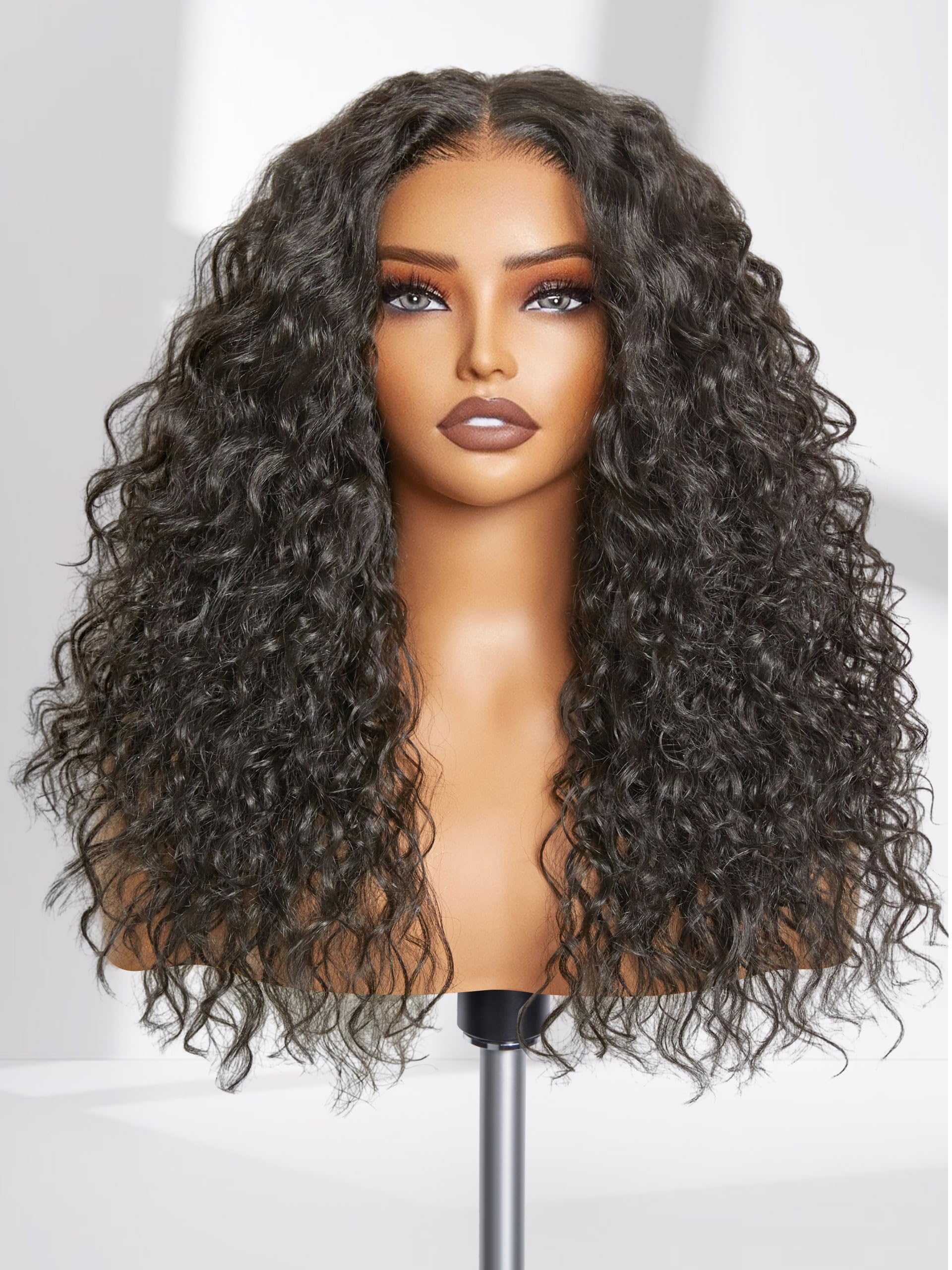 Photo 1 of GORGIUS Glueless Curly Lace Front Wig Pre Plucked Middle Part Closure Wig 20 Inch Natural Black Pre Cut Synthetic Curl Wig Upgraded with Premium Human-Hair-Like Fiber