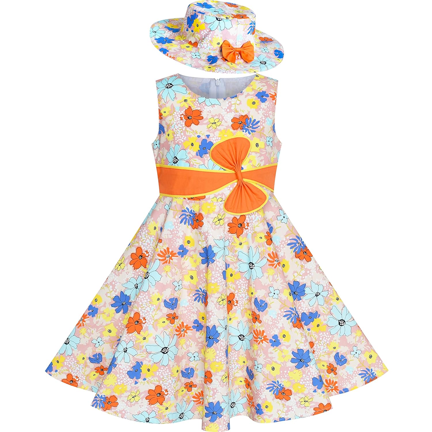 SUNNY FASHION 2 Pieces Girls Dress Hat Colorful Flower Party Holiday