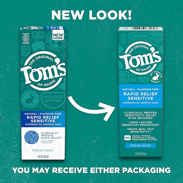 TOM’S OF MAINE FLUORIDE-FREE RAPID RELIEF SENSITIVE TOOTHPASTE, FRESH MINT, 4 OZ. 3-PACK (PACKAGING MAY VARY)