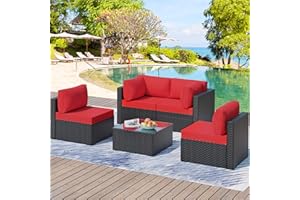 Walsunny 5 Pieces Patio Outdoor Furniture Sets,Low Back All-Weather Rattan Sectional Sofa with Tea Table&Washable Couch Cushions (Black Rattan) (Red)