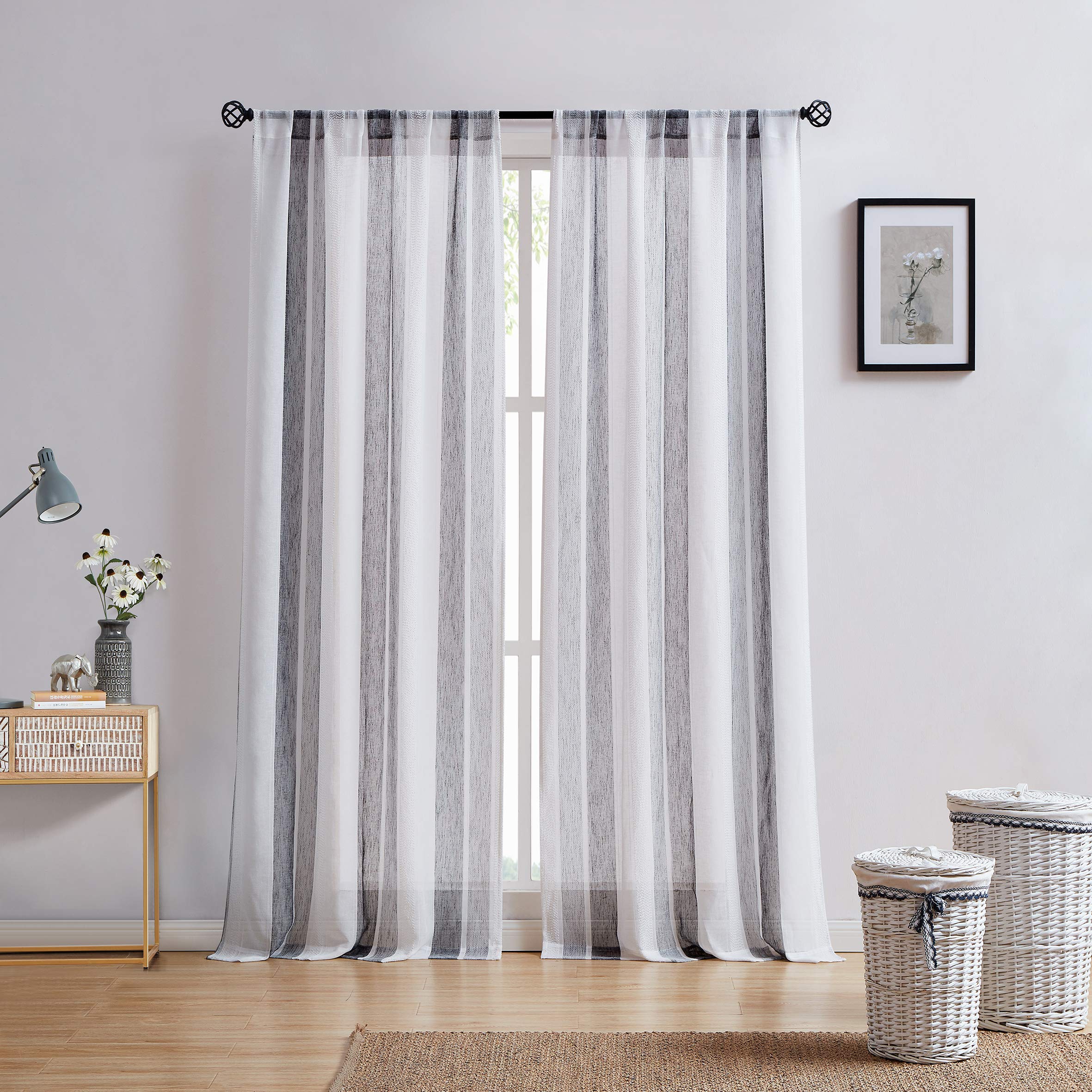 Central Park Black and White Stripe Sheer Curtains Boucle Linen Farmhouse Rustic Window Curtain Panel Yarn Dyed Woven 95 Inches Long for Living Room Bedroom with Rod Pocket, 40" W x 95" L (Pack of 2)