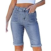 luvamia Jean Bermuda Shorts for Women High Waisted Patch Pocket Knee Length Fold Hem Casual Stretchy Denim Long Shorts