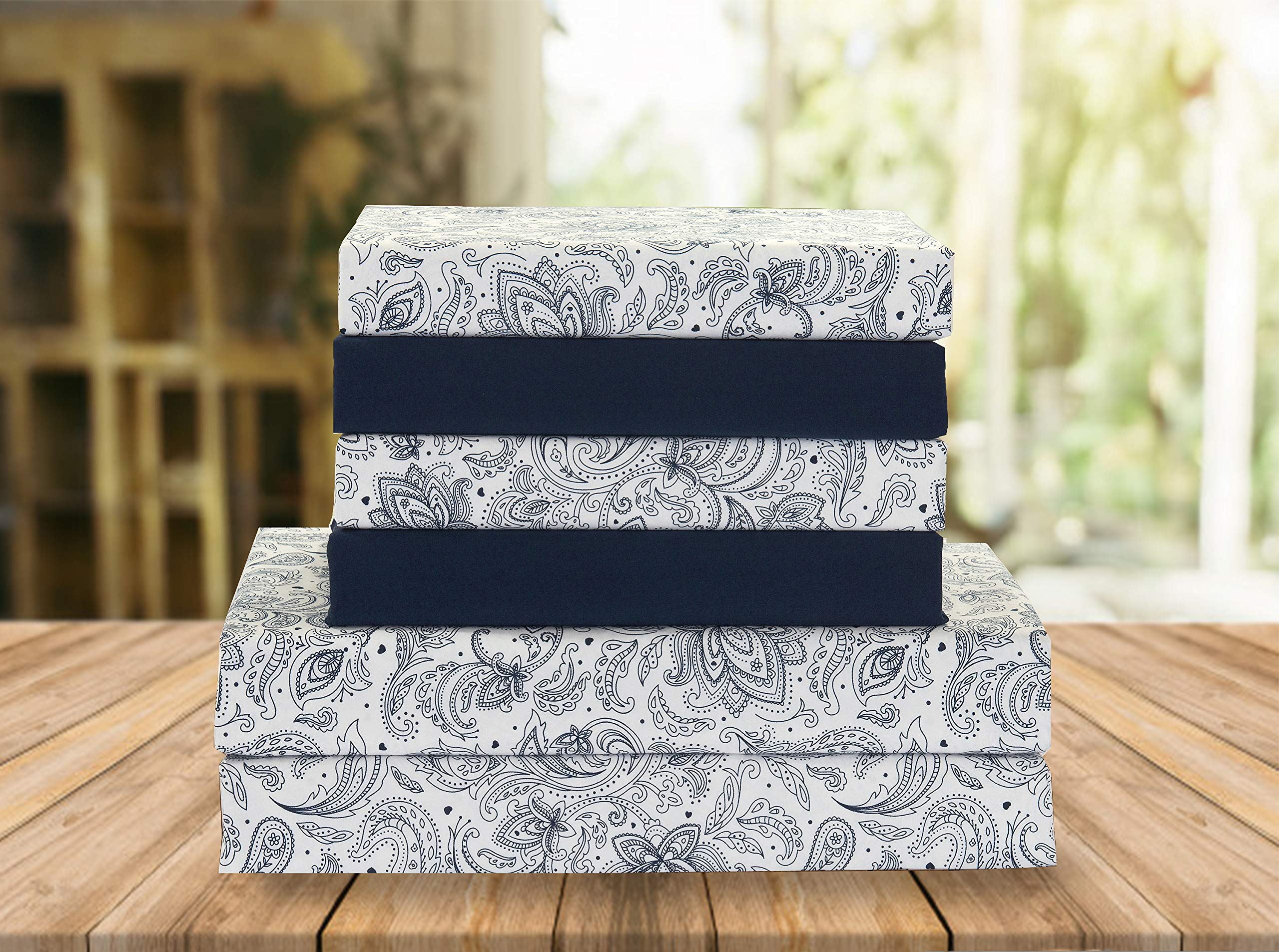 Elegant Comfort Luxury Soft 1500 Thread Count Percale Sheet Set, Soft, Wrinkle Free & Fade Resistant (6 Piece) King, Navy Paisley