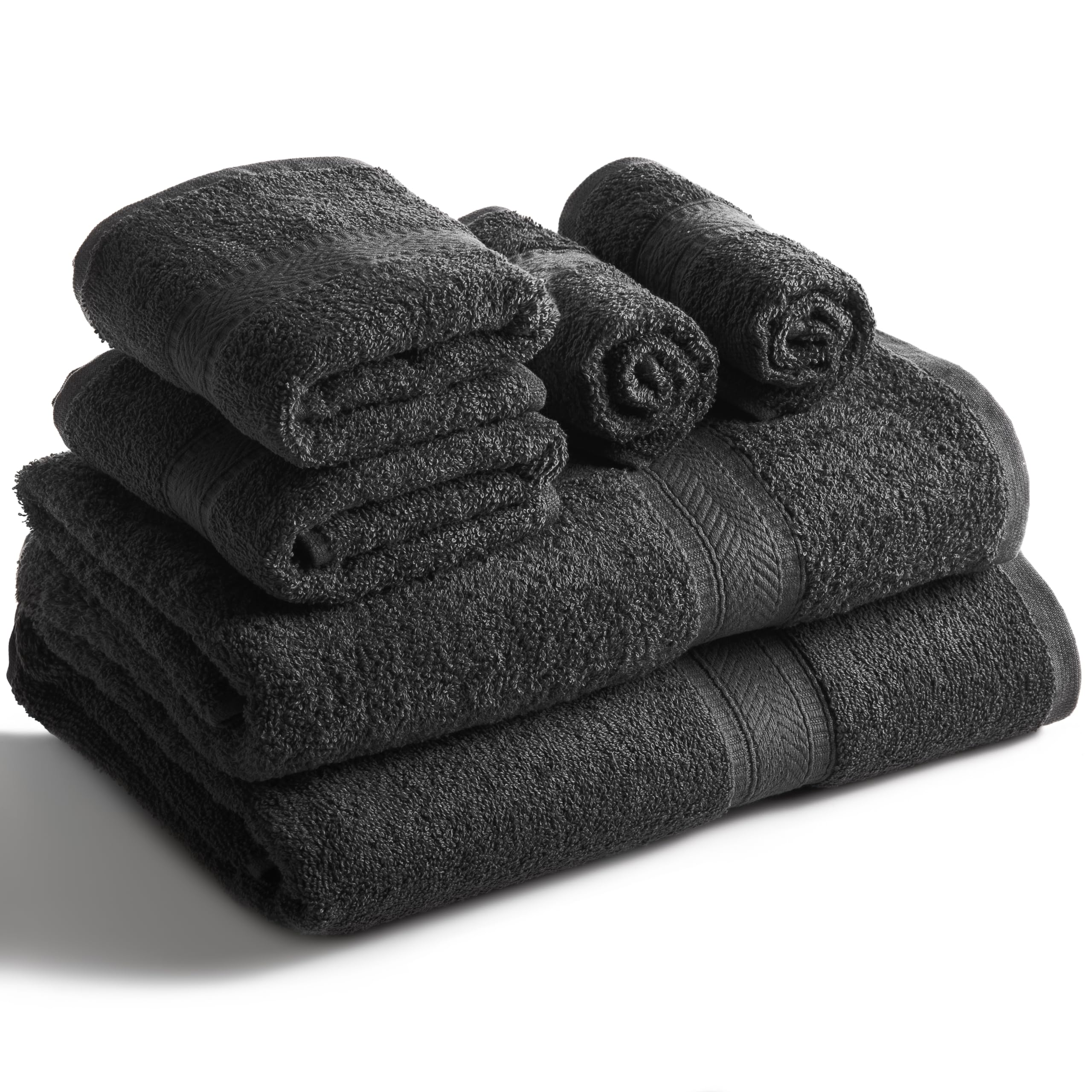 SweetNeedle 6 Piece Towel Set - 2 Bath Towels, 2 Hand Towels and 2 Washcloths Cotton Daily Use Hotel Spa Quality Soft Highly Absorbent Quick Dry Light Weight (Black)