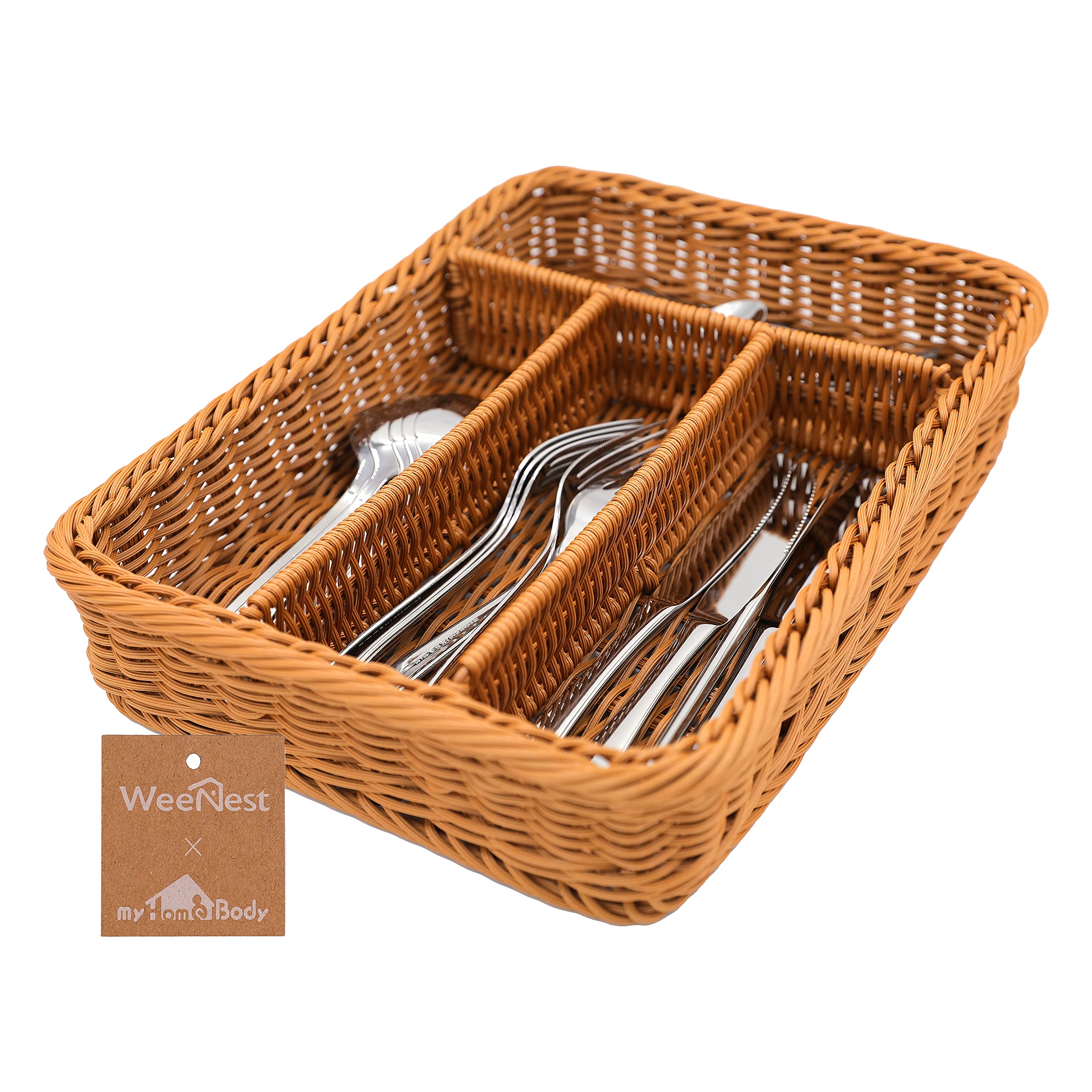 myHomeBody Rectangle Wicker Utensil Holder, Cutlery Organizer for Kitchen Organization, Utensil Drawer Organizer Kitchen Accessories, Resin Wicker 1 pc, Light Brown