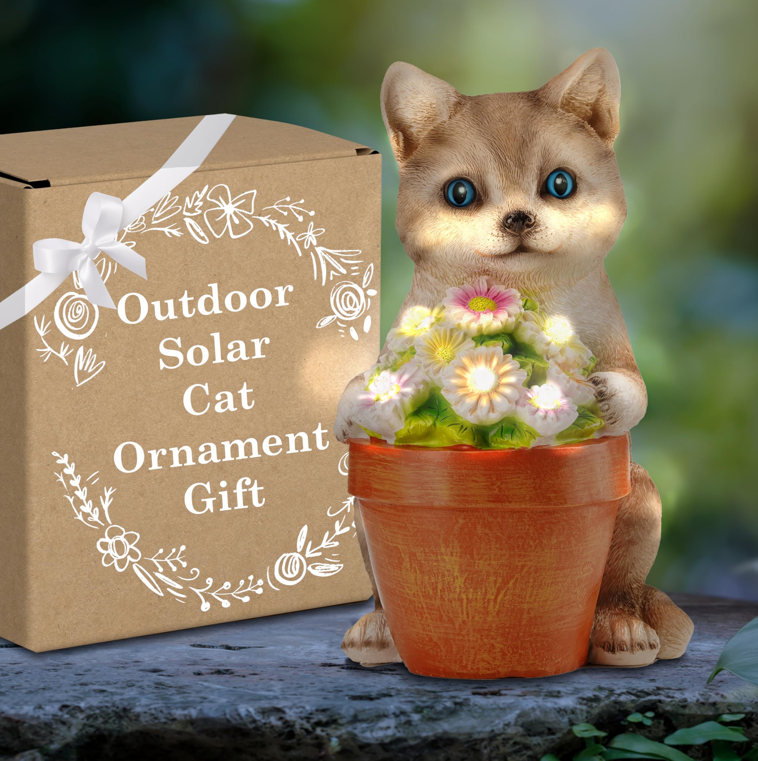 Muldale Cat Garden Ornament Outdoor - Coco the Cat Solar Powered Garden Ornament - Hand Painted Floral Plant Pot Light Up - Gift Boxed
