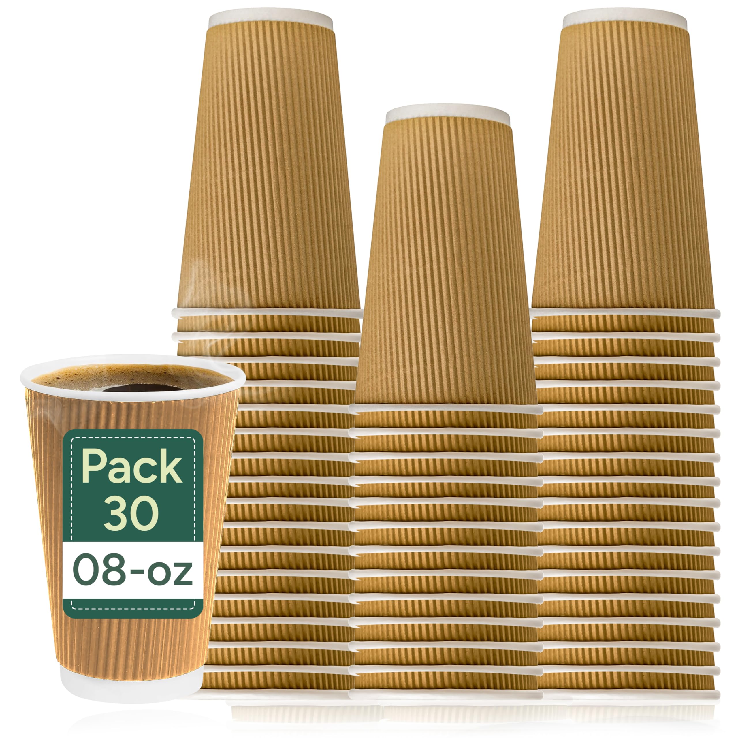 Zuvo Ripple Takeaway Paper Coffee Cups [30 Cups - 8 OZ] Best for Coffee Cups Hot Drinks - NO LIDS, Brown