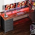 Huuger 63 Inch Computer Desk with Power Outlets and LED Lights, Gaming Desk with 4 Drawers, Office Desk with Monitor Stand, Study Desk Work Desk for Home Office, Rustic Brown