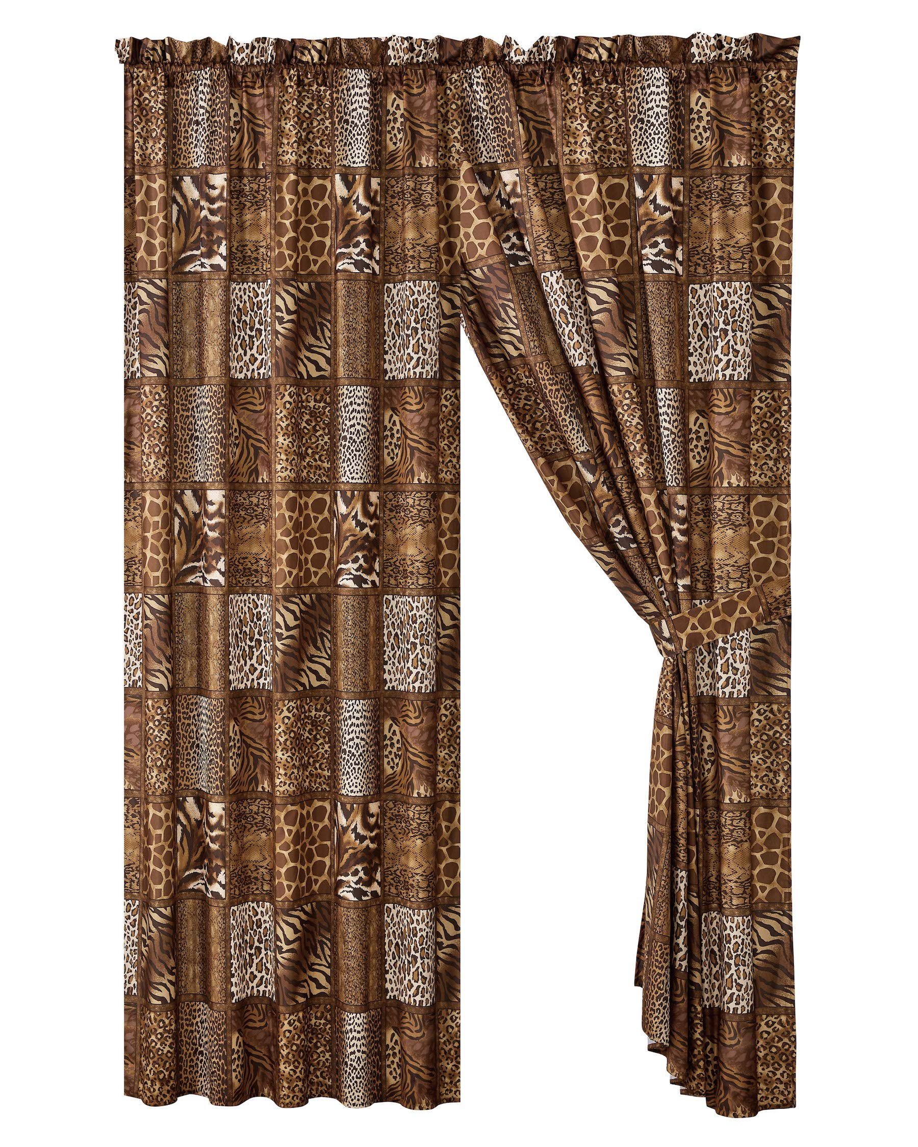 WPM 4 Piece Jungle Safari Animal Print Window Curtain Set, Chocolate Brown Leopard Zebra Giraffe Print Rod Pocket Panels with Tie Backs- Safari Design (Brown)