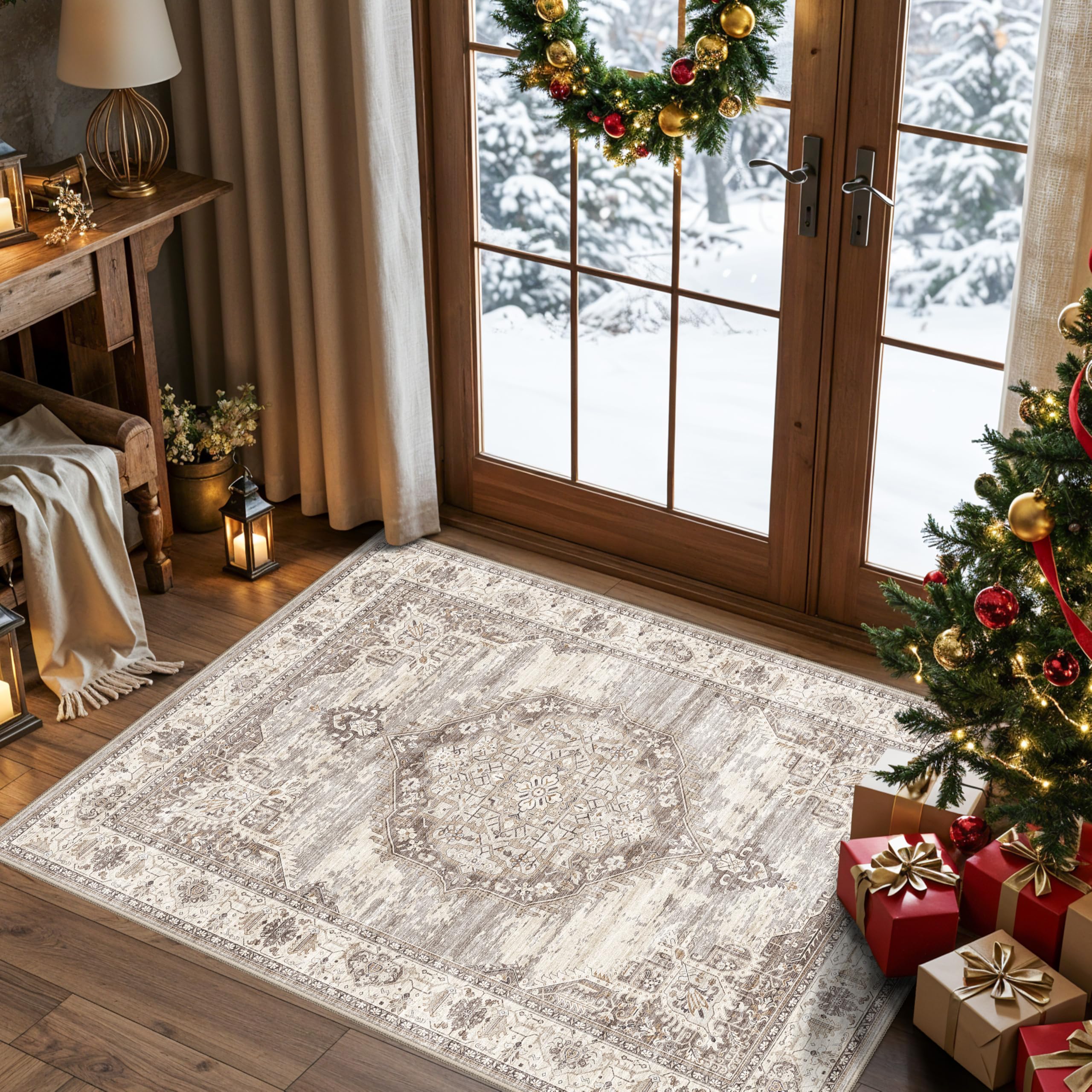 Photo 1 of Washable Ktichen Area Rug 3x4: Indoor Runners for Bedroom Bathroom Non-Slip Soft Stain Resistan Carpet for Entryway Laundry Dining Room Vintage Home Decor for Small Living Room Nursery Room(Beige,3x4)