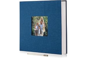 HENPISEN Large Photo Album Self Adhesive Scrapbook Magnetic Album for 4x6 6x8 8x10 Pictures 60 Pages Linen Cover DIY Photo Album with A Metallic Pen and DIY Sticker(Blue)
