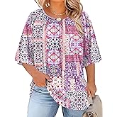 LOMON Womens Plus Size Tops Summer 3/4 Length Sleeve Crewneck Blouses Dressy Casual Loose Curvy Flowy Tunic Shirts 1X-5X