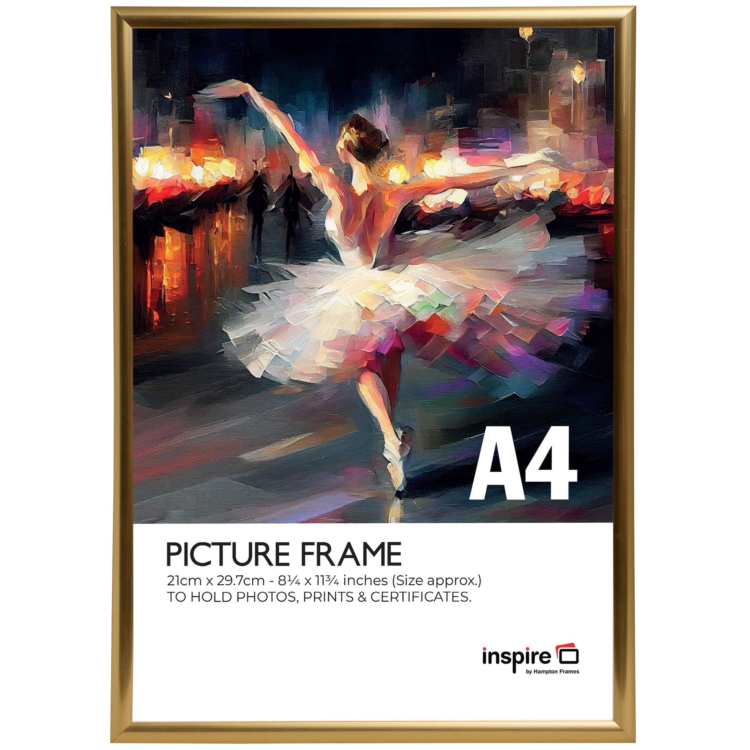 inspire by Hampton Frames | A4 Backloader Poster Frame, 21x29.7cm, Gold, Acrylic Front | Lightweight, Easy-Change Design | Display Photos, Art, Certificates