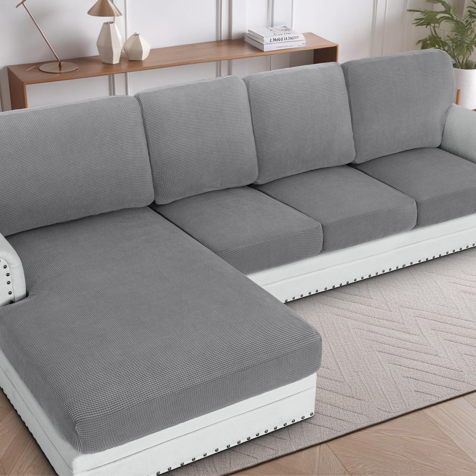Photo 1 of H.VERSAILTEX 2025 New Sectional Couch Covers 8 Pieces Stretch Sofa Covers for Sectional Sofa Set Separate L Shaped Couch Cover for Both Left/Right Couch (Seat and Back: 1 Chaise + 3 Sofa, Dove)