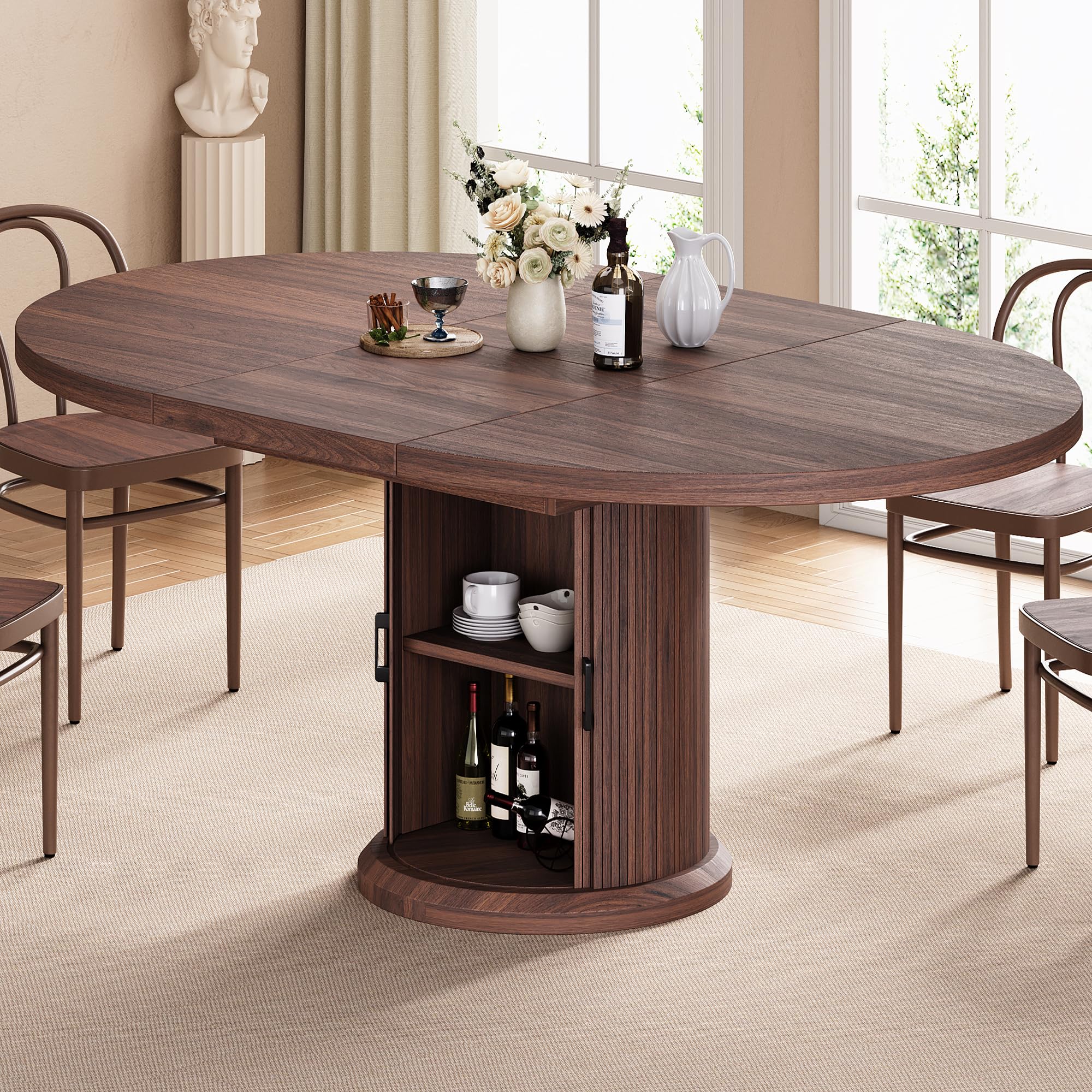 Photo 1 of *Chipped* Dining Table for 4-6,63“Extendable Round Kitchen Dining Room Table with 2-Tier Storage Shelf, Space Saving Expandable Wood Oval Circle Dinner Furniture with Pedestal Base (Brown)