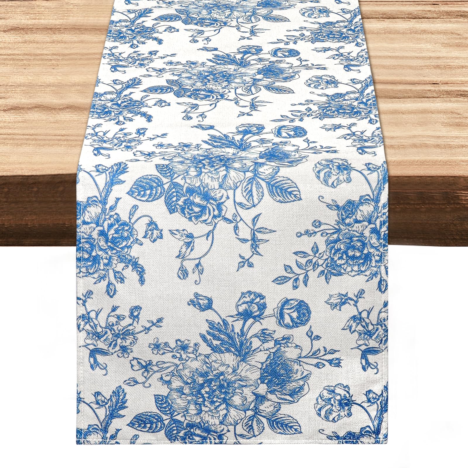 Dremisland Water Resistant Blue Table Runner Farmhouse 55 Inch Retro Monochrome Sketch Rose Table Runner Rustic Table Cover Spring Kitchen Dining Table Decoration for Home Party Decor