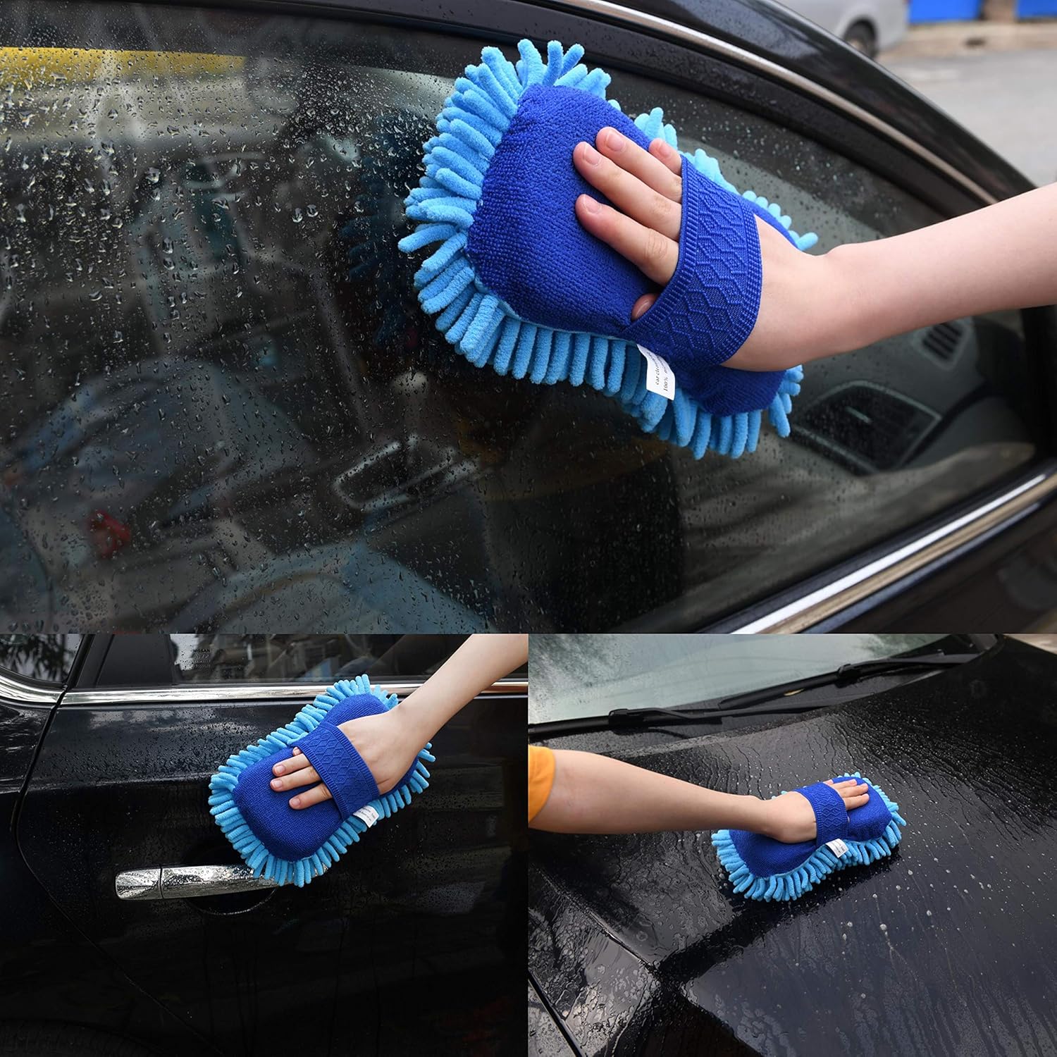 TeKX Premium Large Microfiber Chenille Car Wash Mitt and Car Wash Sponge Set (2 Pack), Washer Friendly, Soft and Scratch Free, Thumb Space Double Sided Mitt, Double Sided Sponge with Grip Band: Automotive