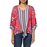 Ali Miles Womens Woven Popover Shirt- Tie Tunic with Front Buttons Short Sleeves