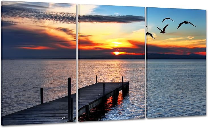 Cadre Sur Chassis Toile Canvas Pret A Accrocher Coucher De Soleil Sur La Mer Ponton Attache Bateaux 100x50cm Amazon Fr Cuisine Maison