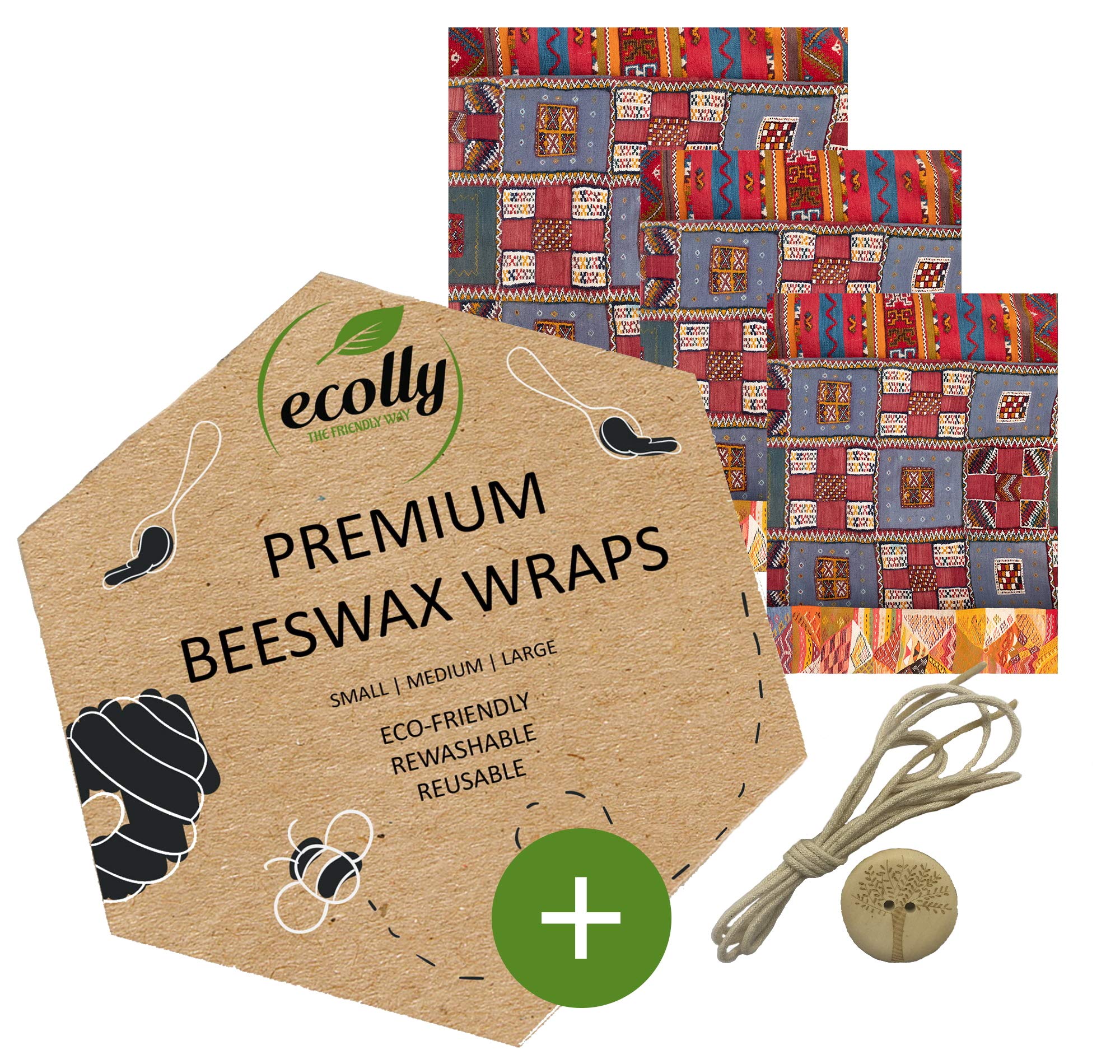 ecolly Premium Beeswax Wraps - Set of 3 (S, M, L), Beeswax Wipes, Beeswax Paper, Free of Plastic & Reusable, Without jojoba Oil, incl. Wooden Button & Cotton Thread - Patchwork