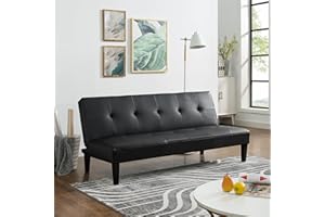 Naomi Home Tufted Futon Sofa Bed, Faux Leather Futon Couch, Modern Convertible Folding Sofa Bed Couch with Wooden Legs, Reclining Small Couch Bed, Durable and Sturdy Futon, Black