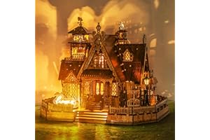 FUNPOLA LED 3D Wood Puzzle Countryside Cottage Model - DIY Miniature Building Kit with Spark LED Lights - 3D Craft Rural Arch