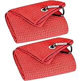 VIVIDLY 2 Pack Tri-fold Golf Towels, Premium Microfiber Fabric Waffle Pattern with Black Heavy Duty Carabiner Clip, Red Golf Towels for Golf Bags for Men (Red)