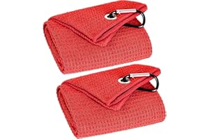 VIVIDLY 2 Pack Tri-fold Golf Towels, Premium Microfiber Fabric Waffle Pattern with Black Heavy Duty Carabiner Clip, Red Golf Towels for Golf Bags for Men (Red)