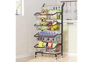 JRVT COVAODQ Snack Cart with Wheels 4-Tier Adjustable Fruit Rack Fruit Vegetable Basket Cart Metal Wire Storage Cart Rolling Pantry Utility Kitchen Cart