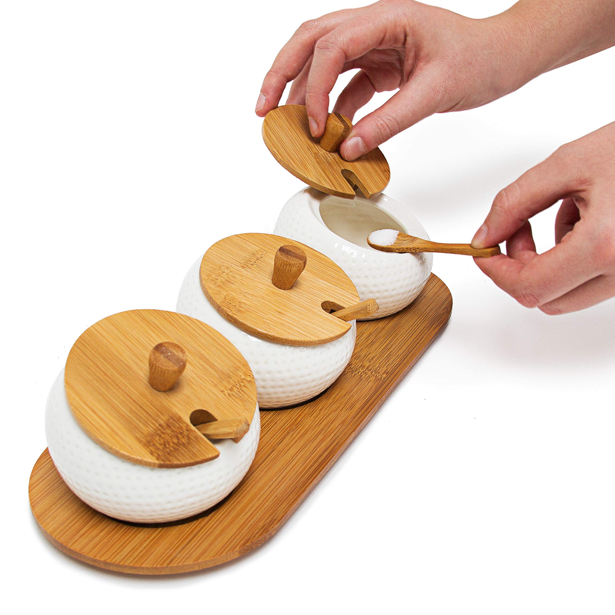 Relaxdays Jiao Jars Made of Ceramics with Bamboo Lid and Holder, Spice  Storage Solution Kitchen Stand Decorative Chinese Style with Matching  Spoons, Natural, Brown and White, 30.5 x 12 x 8.5 cm -