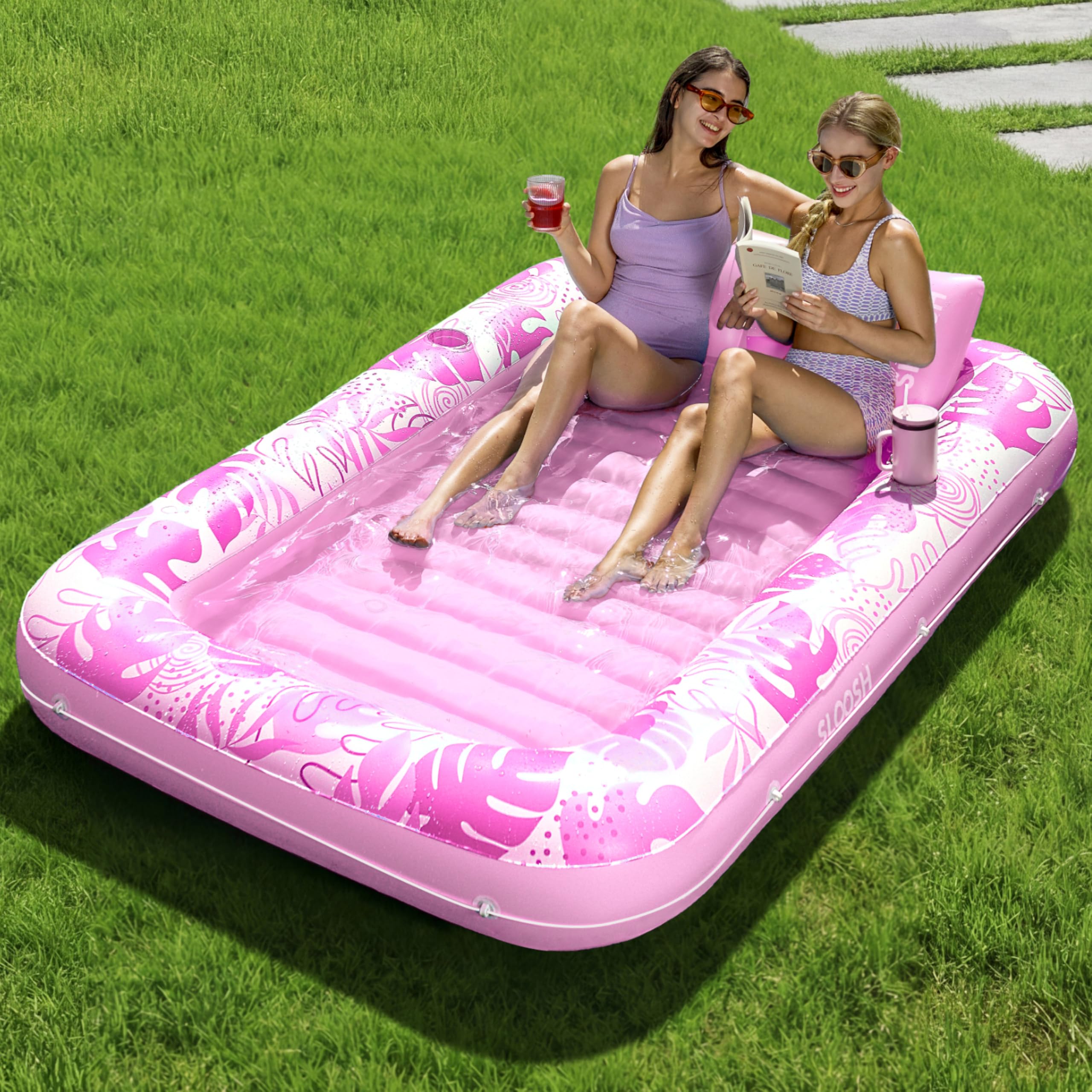 SLOOSH Inflatable Tanning Pool Lounger Float, 85" x 57" Extra Large Pool Floats Adult with Pillow, 4 in 1 Suntan Tub Raft Floatie,Sunbathing Bed Lounge for Water Party Gifts, XL-Blushing Pink