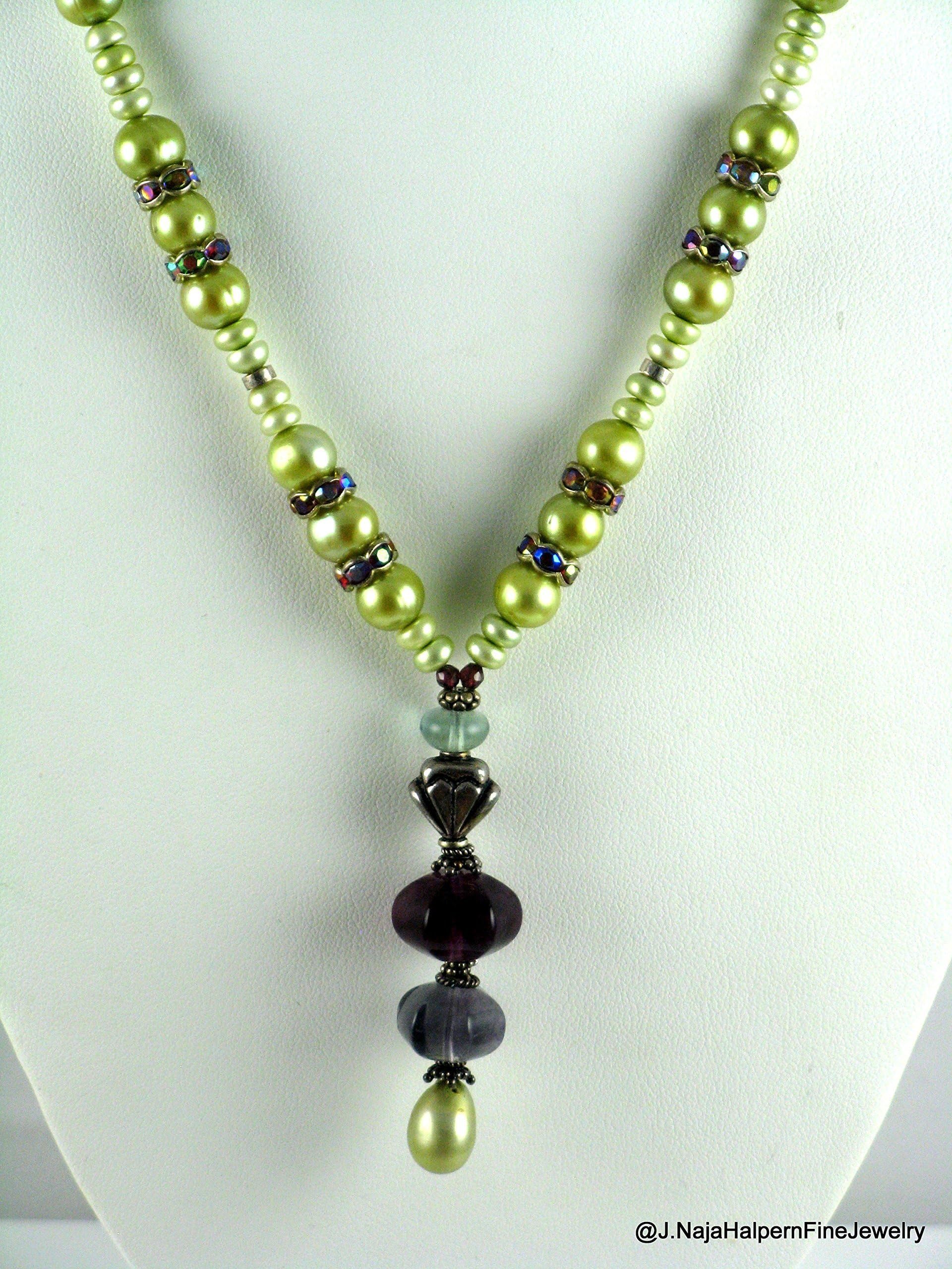Natural Freshwater Pearls Lime Green Necklace with a Pearl and Gemstone Pendant in Purple Amethyst and Flourite fancy jewels, with Sterling Silver 925. PEARL and GEMSTONE NECKLACE and PENDANT,19.5''